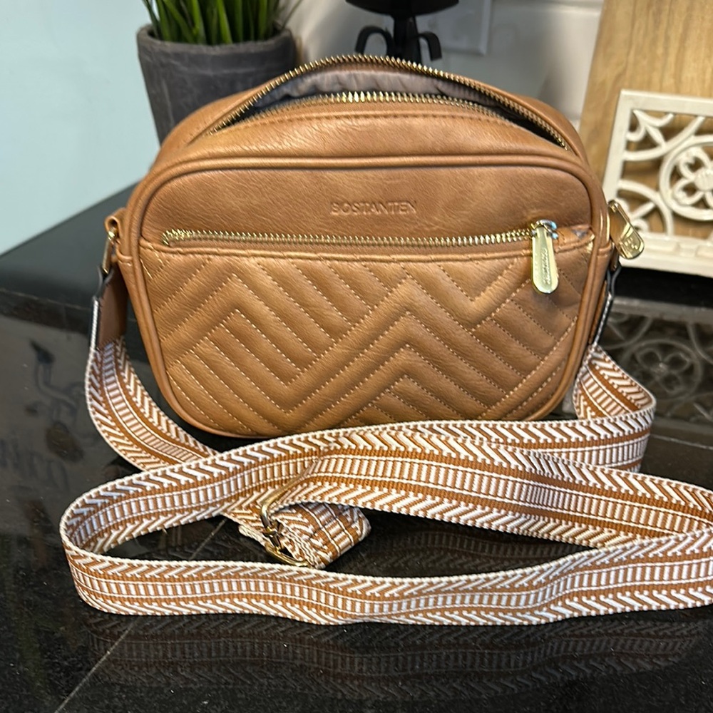 Bostanten Tan Chevron Quilted Crossbody Bag with Braided Strap